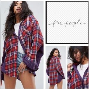 Free People Plaid Patchwork Oversized Button Down Shirt M